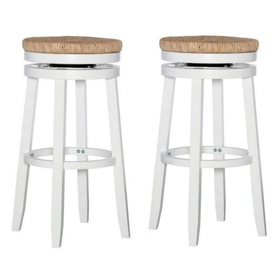 Home Square 2 Piece Swivel Solid Wood Rush Bar Stool Set in White