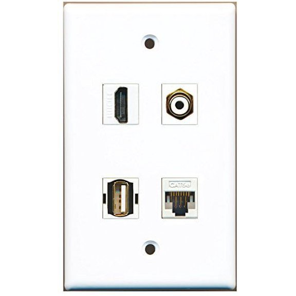 RiteAV - 1 Port HDMI 1 Port RCA White 1 Port USB A-A 1 Port Cat5e Ethernet White Wall Plate