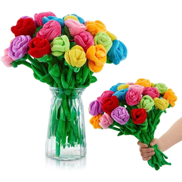 24 Pcs Graduation Flowers Graduation Plush Rose Mother's Day Flower Toy Colorful Stuffed, Plush Bouquet Bendable Stems 12.5 Inch