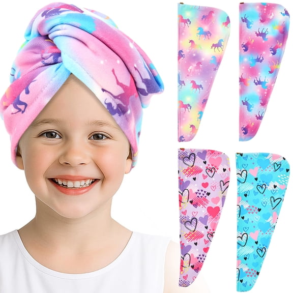 4PCS Microfiber Hair Towel Wrap for Kid Rapid Hair Drying Towel with Button and Elastic Loop Head Wrap for Women and Girl