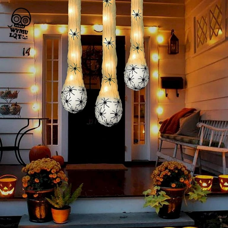 Set of 3 Halloween Decorations Outdoor Hanging 33.5 Scary Spider Hanging  Egg Sacs with LED,Haunted House Props for Halloween Yard Decor Outside