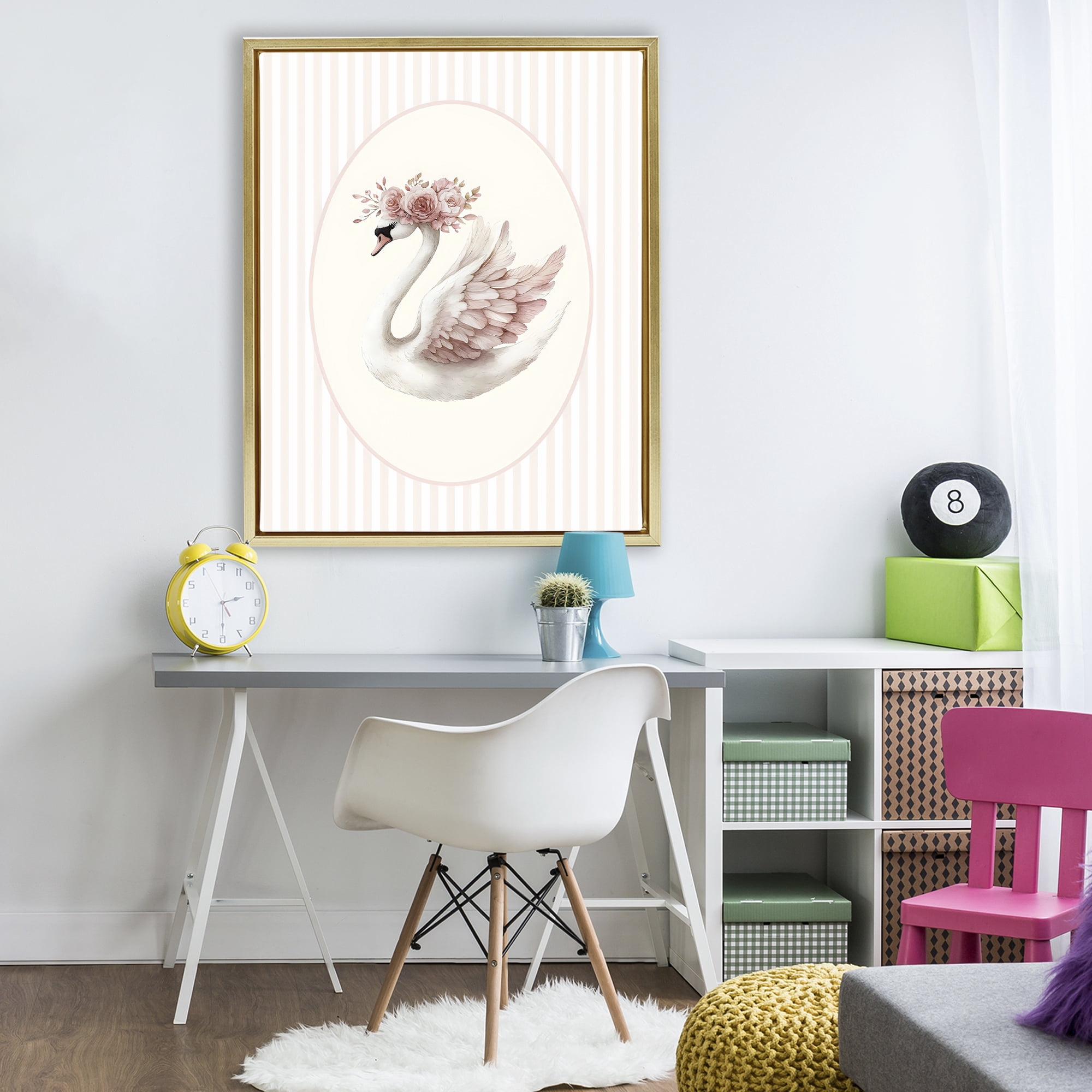 Stupell Industries Nursery Ballerina Swan Striped Gold Framed Floater Canvas Wall Art, design by LSR Design Studio
