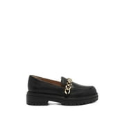Jessica Simpson Disila Flat Chain Accent Slip On Leather Platform Loafers Black (5.5, BLACK)