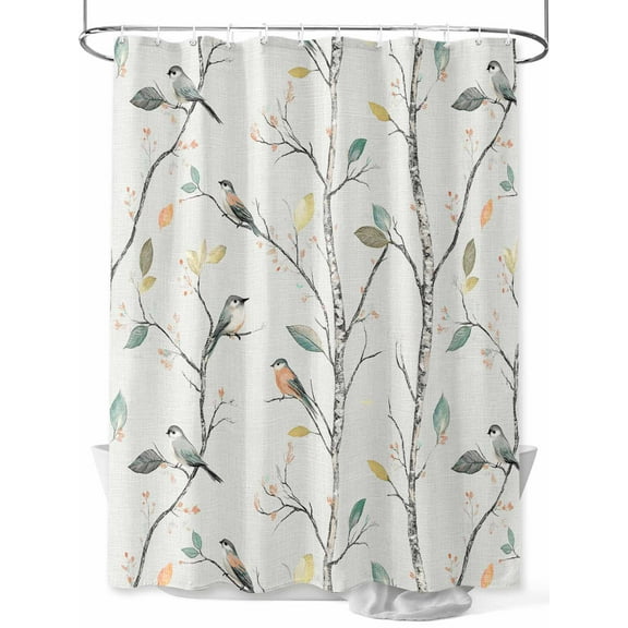 Vintage Botanical Long Shower Curtain Set, Waterproof Shower Curtains for Bathroom, Birds Branch Watercolor Leaf Washable Fabric Cloth Bath Curtain for Bathtub Decoration with Hooks 72x84 Inches