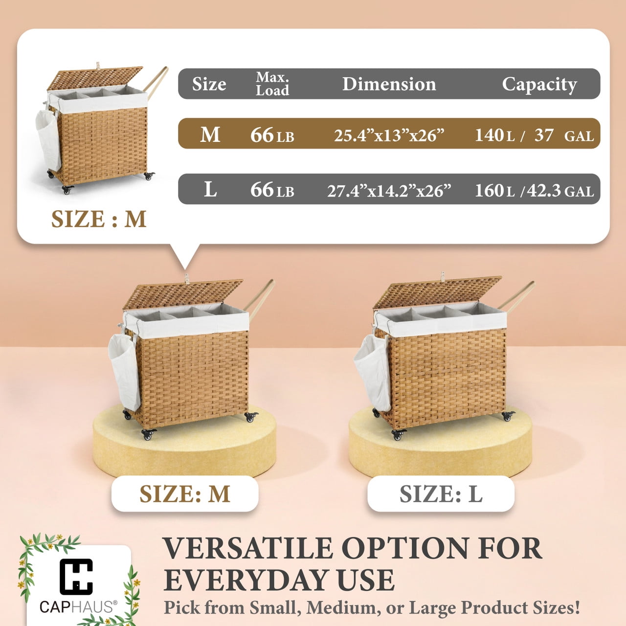 CAPHAUS Handwoven Basket w/ Lid for Storage, Synthetic Rattan Laundry Hamper w/ Wheels, Clothes Hamper for Laundry, Laundry Basket w/ Lid, Removable Liner Bags, Mesh Bags, Pulling Strap, 140L, Brown