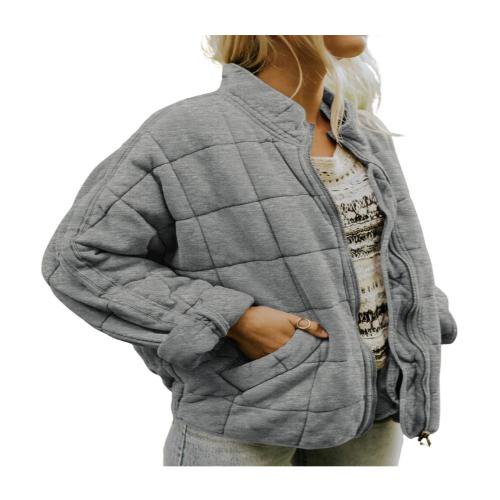 Opperiaya Women Stand Collar Long Sleeve Solid Color Full Zip Quilted Jackets