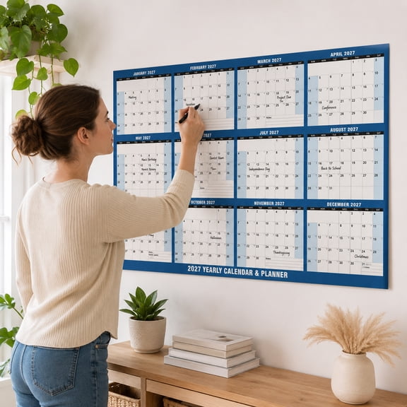 2027 Double Sided Erasable Wall Calendar, Yearly Wall Planner Poster with Markers & Double-Sided Tapes, Home Office Schedule Organizer