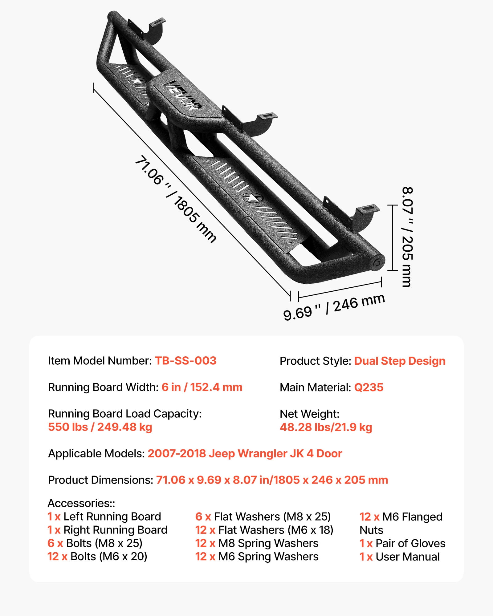 VEVOR Running Boards, 6 Inches Side Steps Compatible with 2007-2018 Jeep Wrangler JK 4 Door, Black Carbon Steel Nerf Bars, 550 lbs Load Capacity, Wide Non-Slip Hollow Surface with Rustproof Coating