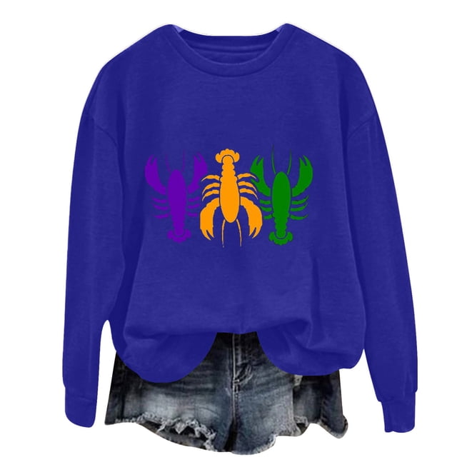 Baberdicy Haut à Manches Longues à Col Ras du Cou pour Femme à Imprimé Homard Bleu Polyester