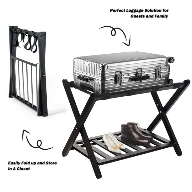 Smuxee Folding Bamboo Luggage Rack with Shelf Travel Suitcase Stand