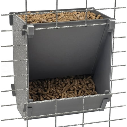 Gray Texas USA Made 6-Inch Cage Hanging Rabbit Feeder with ID Tag for Rabbit Pellet Feed with a Sifter Base