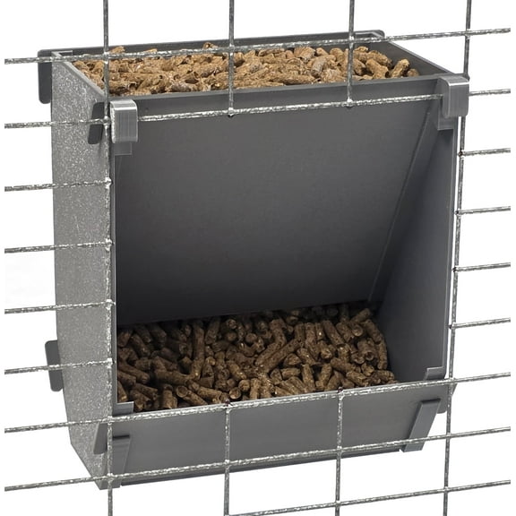 Gray Texas USA Made 6-Inch Cage Hanging Rabbit Feeder with ID Tag for Rabbit Pellet Feed with a Sifter Base