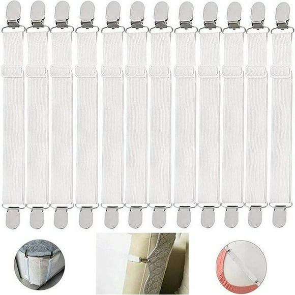 12 Pcs Elastic Bed Sheet Holder, Bed Sheet Holder, Elastic Mattress Clip, Elastic Fitted Sheet Holder, Adjustable Bed Sheet Clip for Bed Fitted Sheets with Suspender Fastener Straps(White)