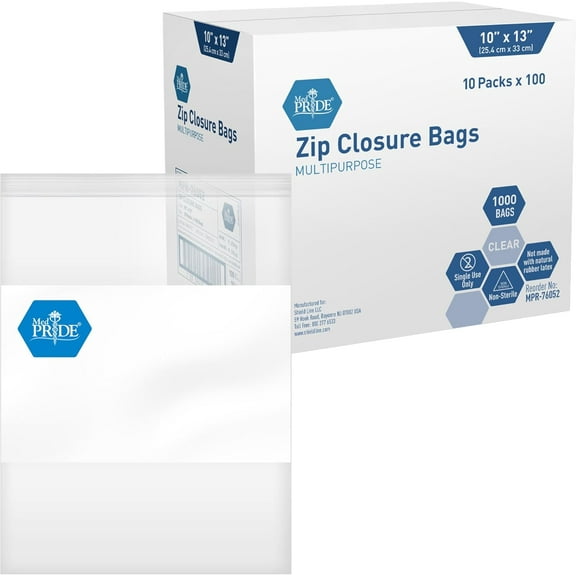 Med Pride Pill Bags for Travel Reusable, 1000 Clear Zip Lock Medicine Pouches, 10x13" with Label Block, Plastic Baggies