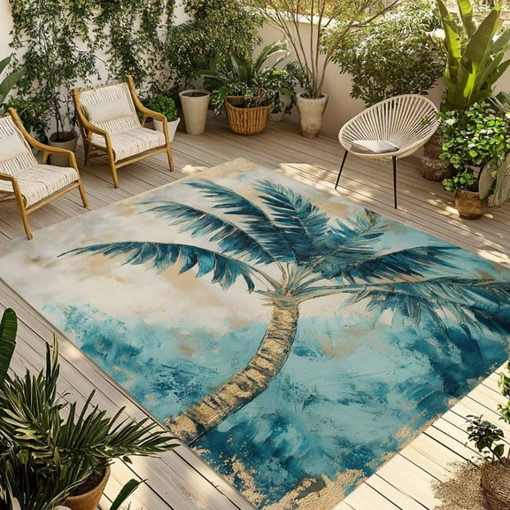 Fsddascl Coastal Beach Tree Outdoor Rug for Patio/Deck/Porch, Non-Slip Large Area Rug 5 x 8 Ft, Vintage Tropical Palm Plant Indoor Outdoor Rugs Washable Area Rugs, Reversible Camping Rug Carpet