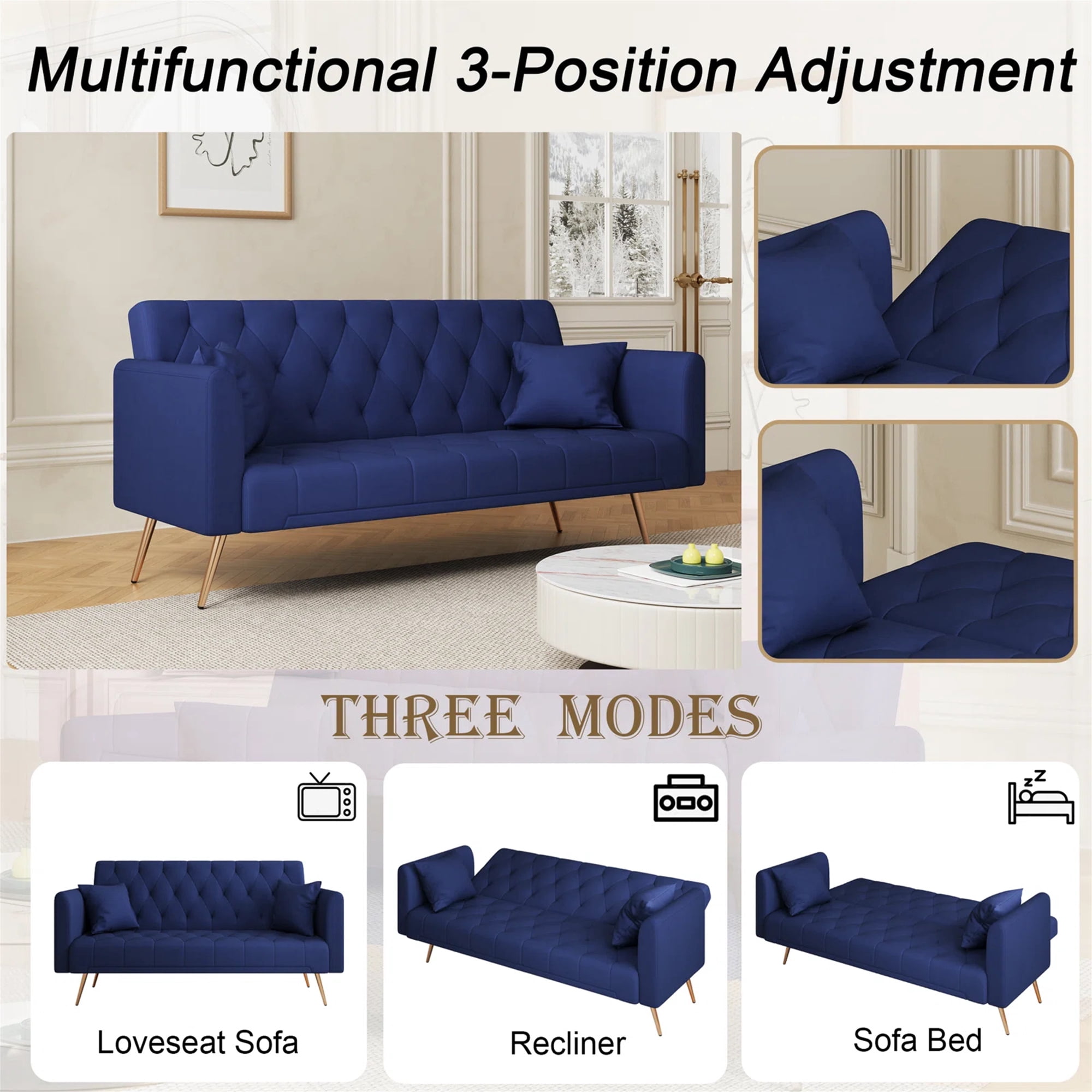 Aukfa Velvet Futon Convertible Sofa Bed, Upholstered Arm Couch for Home Office, 2 Pillows, Blue