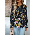 thumbnail image 5 of Round Neck Shirred Floral Print Peplum Long Blouse for Women Black X-Large, 5 of 5