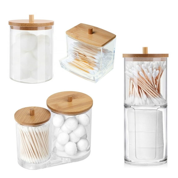 Ghojet Acrylic Paper Cup Dispenser with Bamboo Lid Clear Paper Cup Holder 2 In 1 Round and Square Cotton Swabs Storage Box Container Cosmetics Organiser for Bathroom Guest Room Counter