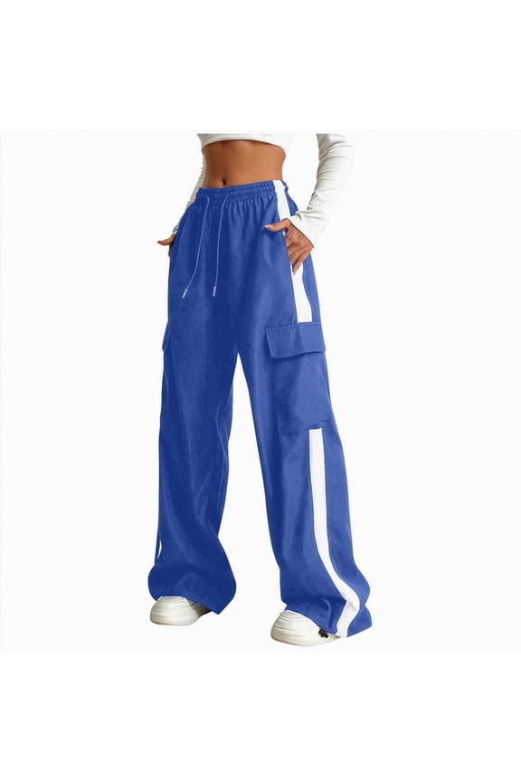 Girls Cargo Pants Baggy Straight Wide Leg Track Pants Striped Joggers with Pockets Athletic Streetwear Girl Sweatpants,(Blue,15-16 Years)