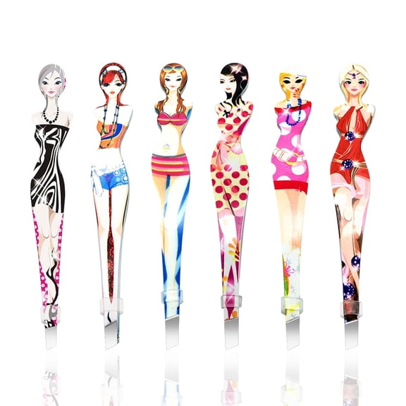 Eyebrow Tweezers Pinkiou Professional Slant tip Brow Clip Hair Removal Makeup Tool with Printed Beauty Cover Cosmetic 6 style pack of 6 pcs (Bikini)