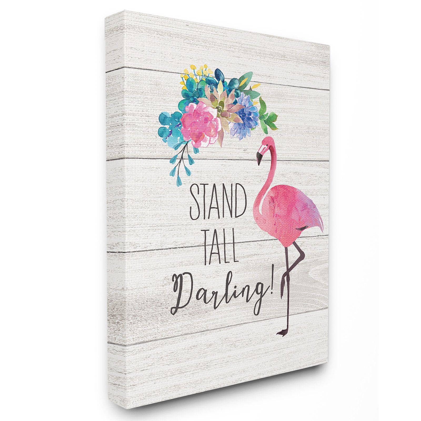 the stupell home decor collection stand tall darling flamingo floral watercolor on white planks oversized wall plaque art, 12.5 x 0.5 x 18.5