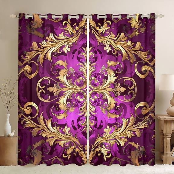 Manfei Retro Damask Print Blackout Curtains,Vintage Baroque Flower Curtains Pack of 2 (38x45 Each),Gold Purple Window Curtains For Men Women,Super Cozy Room Decor