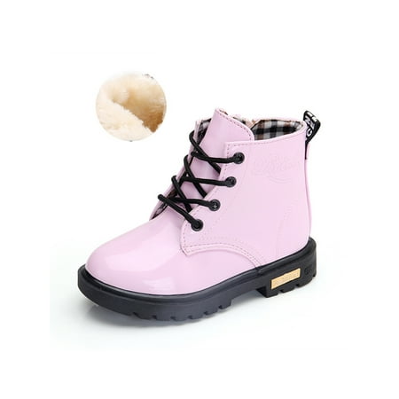 

GENILU Girls Boys Ankle Boot Patent Leather Short Bootie Side Zipper Combat Boots Toddler Booties Waterproof Lace Up Round Toe Plush Lined Pink with Plush Lined 2Y