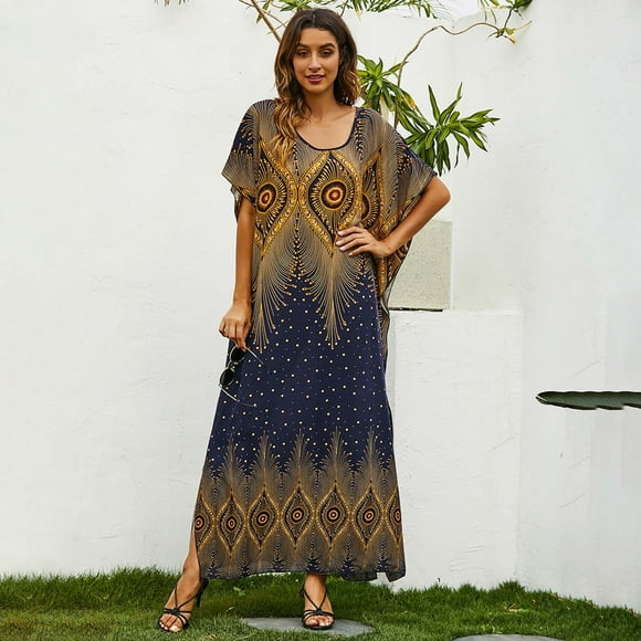 Pisexur Short Sleeve V-Neck Dress Women Flare Sleeve V-Neck Long Robe Loose Beach Floral Printed Long Maxi Dress Women Blouse