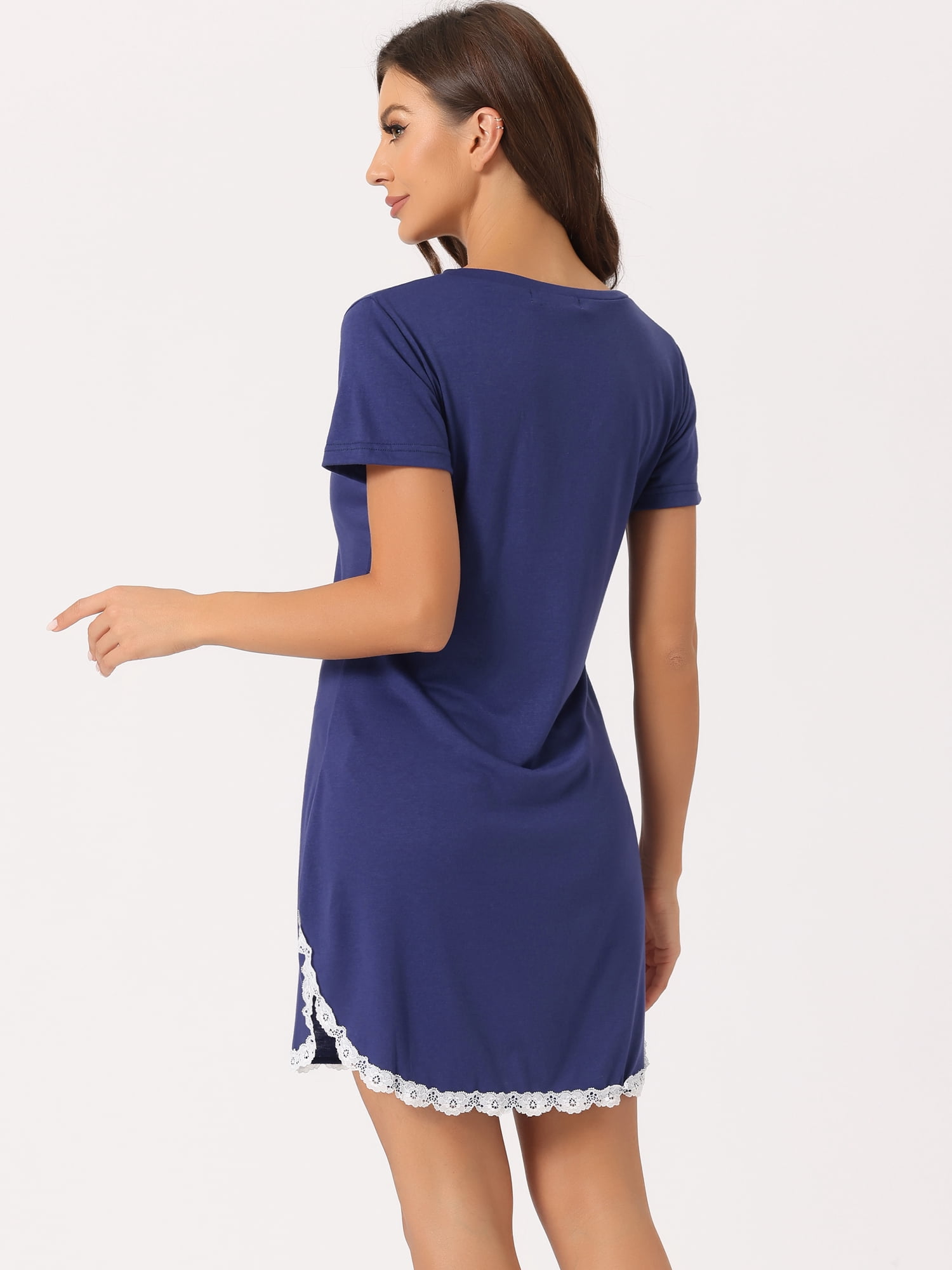 DARING DIVA Women's Lace Trim V-Neck Short Sleeves Lounge Nightgowns S Blue
