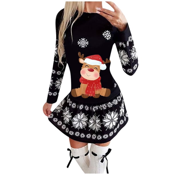 Vestidos de Navidad Para Mujer Moda Otoño E Invierno Manga Larga Navidad Impreso Cuello Redondo Vestidos Largos Odeerbi ODB198590