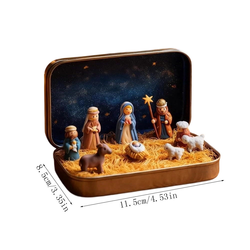 yulier 9 Pcs Mini Christmas Nativity Set in a Tin Box, Easter Christmas Gift for Family Friends, Small Religious Ornaments, Easter Basket Stuffers