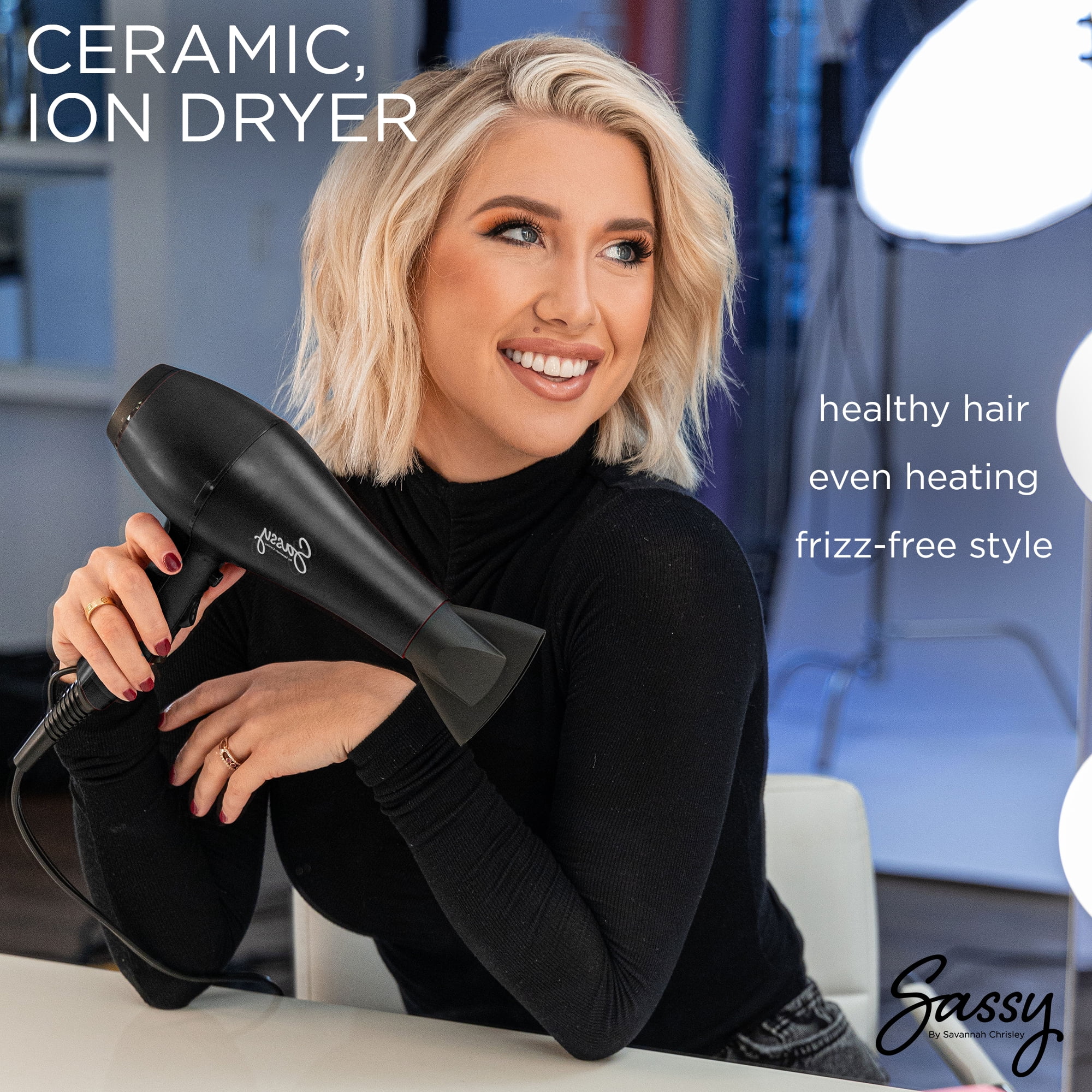 Sassy Ceramic Ion Hair Dryer, 1875-Watt Salon Dryer with Concentrator and Diffuser Black