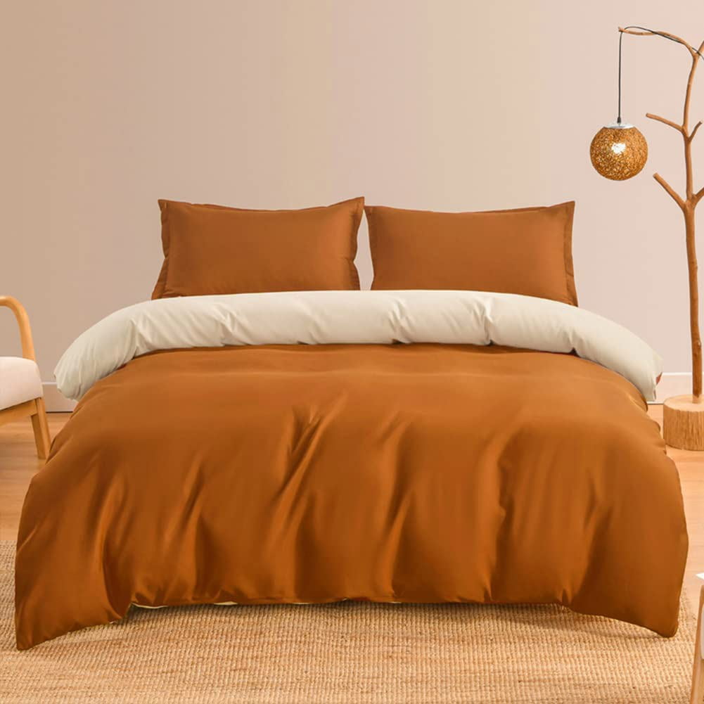 3 Pieces Burnt Orange Duvet Cover Caramel Pumpkin Rust Reversible Cream Beige Soft Microfiber