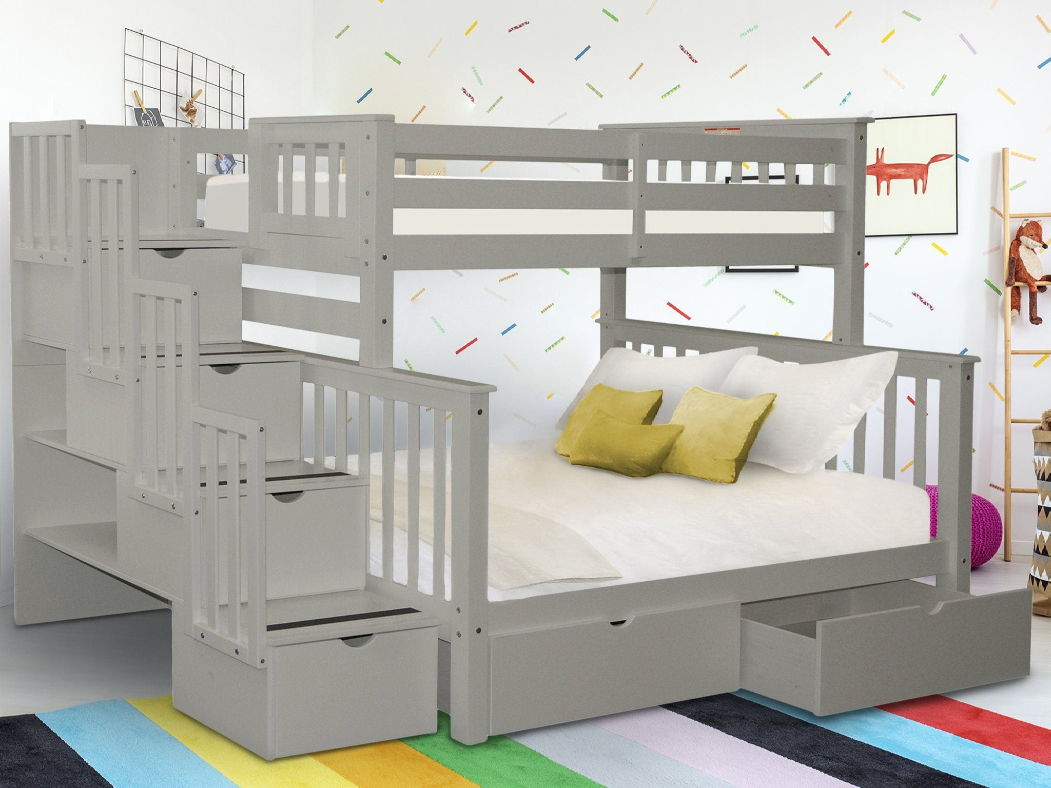 Bedz King Stairway Bunk Beds Twin over Full with 4 Drawers in the Steps