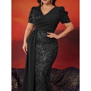 AURA Plus Size Evening Dress V Neck Short Sleeve Slim Fit Party Long Skirt Beaded Polyester
