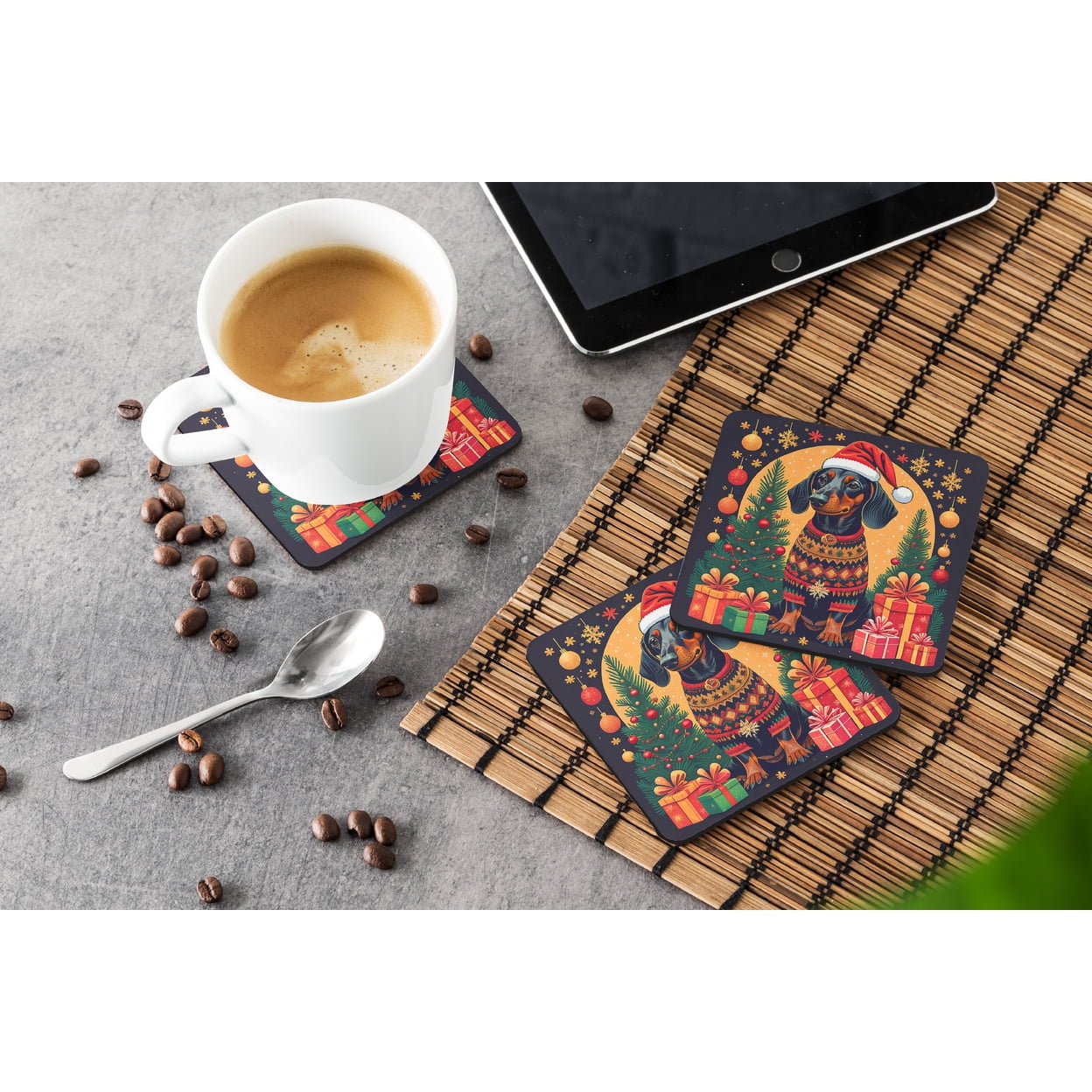 Black and Tan Dachshund Christmas Foam Coaster Set of 4 3.5 in x 3.5 in