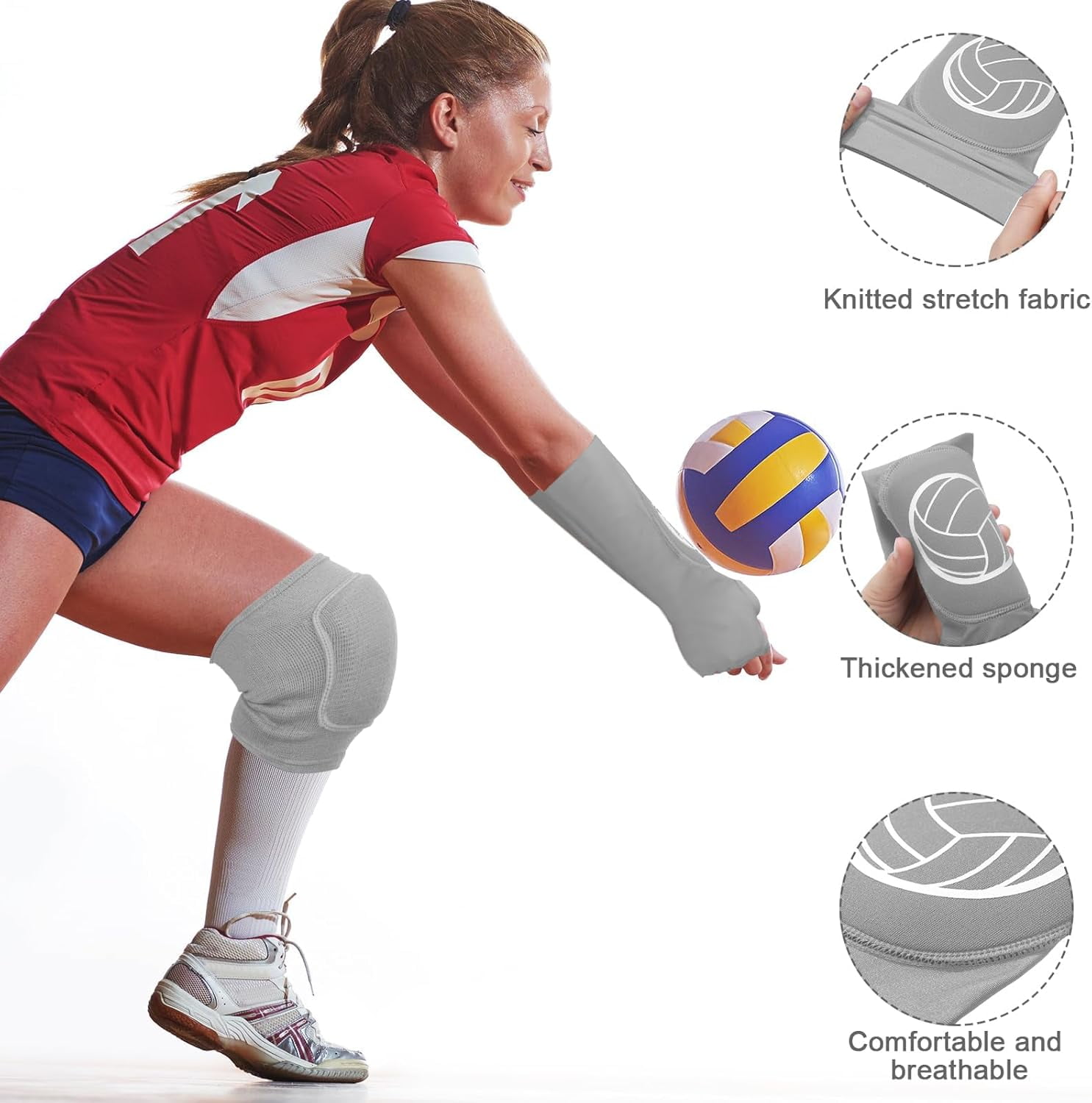 Volleyball Knee Pads and Arm Sleeves with Protection Pad Compression Forearm Wrist Guard Thumb Hole Soft Breathable
