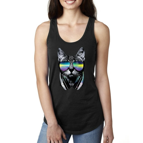 DJ Kitty Cat with Headphones | Womens Cat Lover Jersey Racerback Tank Top, Black, Small