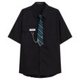 thumbnail image 1 of Camisa de manga corta unisex tipo suelto decoración de enlace blusa casual con cuello vuelto y corbata negro M, 1 of 8