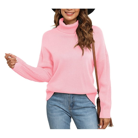 Uvplove Womens 2025 Fall Casual Turtleneck Batwing-Sleeved Chunky Ribbed Knit Tunic Sweaters in Pullover Style