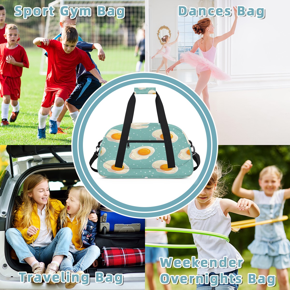 Herdesigns Cute Sports Duffle Bag for Women & Men, Eggs Gym Bag Dance Bag Overnight Bag Carry On Weekender Travel Bag