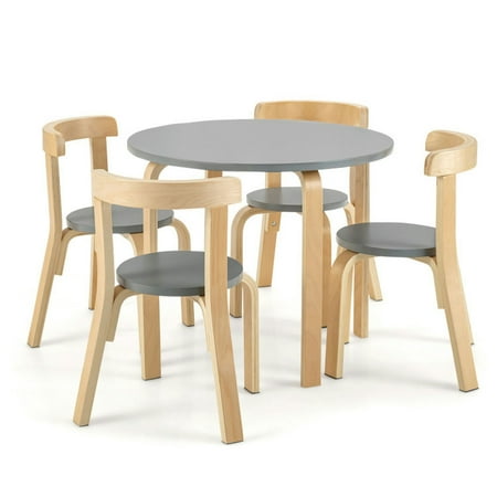 Spaco 5-Piece Kids Wooden Curved Back Activity Table and Chair Set with Toy Bricks-Gray, Toddler Table and Chair Set for Arts & Crafts, Snack Time, Homeschooling, Homework