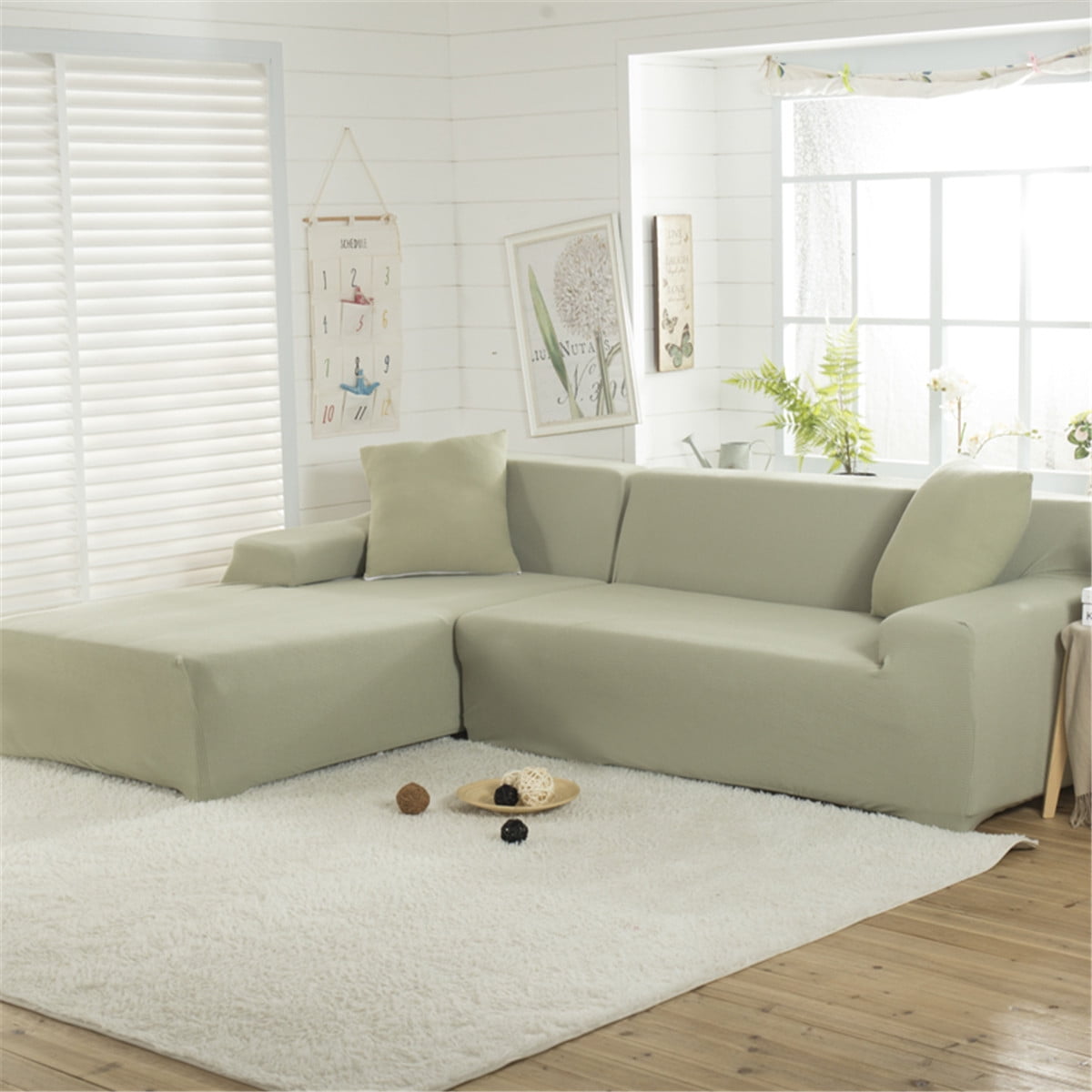 LShaped 3 Seats Sofa Covers Polyester Stretch Fabric Sectional Sofa