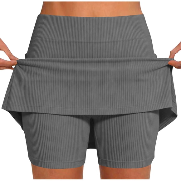 Ymauqau Skorts for Women High Waisted Ribbed Knit Athletic Casual Tennis Skirts with Shorts Pockets Mini Workout Skorts