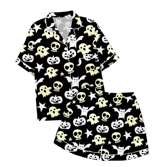JIAYUE Girls Halloween Pajamas Elegant Adorable Print With Buttons Turndown Collar Cozy Short Sleeve Tops And Shorts Sleepwear Set Casual Loose Home Sleep Lightweight Loungewear,4-5 Years