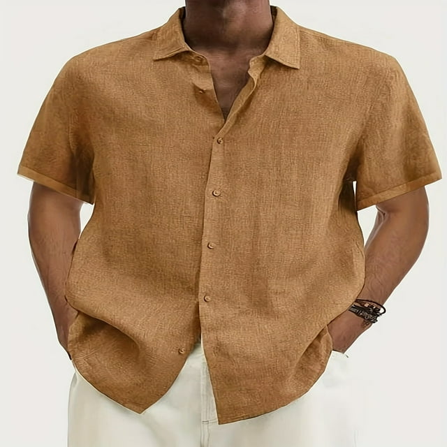 Men‘s Linen Casual Short Sleeve Shirts Button Down Summer Beach Shirt,M Light Blue