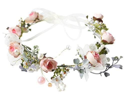 Vivivalue Handmade Boho Flower Headband Hair Wreath Halo Floral Garland Crown Headpiece with Ribbon Festival Wedding Party 