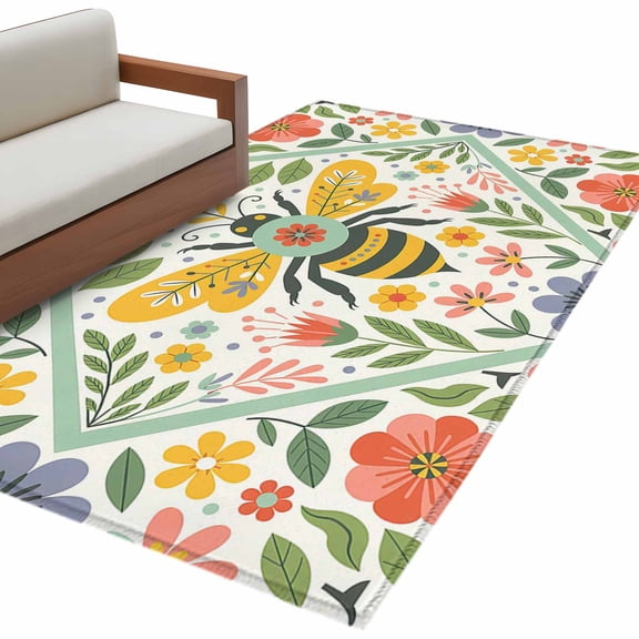 Flowers Bee Area Rug Washable 3x5 Entryway Rug Non-Slip Indoor Low Pile Retro Country Botanical Floral Plants Dots Floor Carpet Small Rugs for Bedroom Office Living Room Kitchen Entrance Nursery