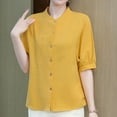 thumbnail image 2 of JGGSPWM Women Short Sleeve Cotton Linen Chinese Mandarin Collar Button Down Vintage Dressy Casual Work Tops Blouse Yellow M, 2 of 4