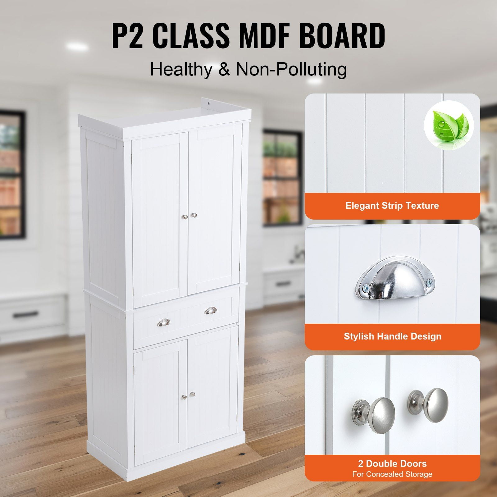 72 Inch Kitchen Pantry Cabinet with Doors, 3-Tier Adjustable Shelves & Drawer, White Freestanding Storage for Food, Living Room